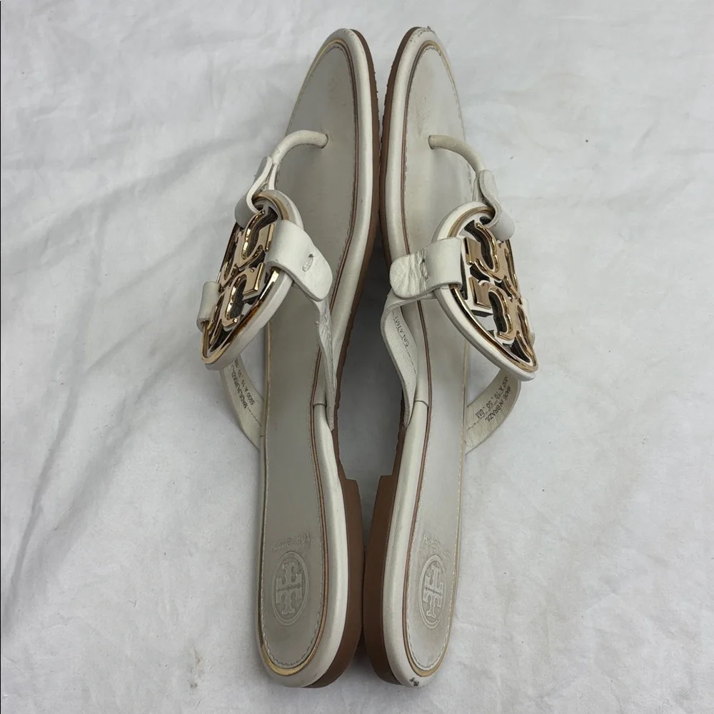 Tory Burch White Leather Logo Thong Sandals with Gold Medallions women’s size 8M - Picture 11 of 11